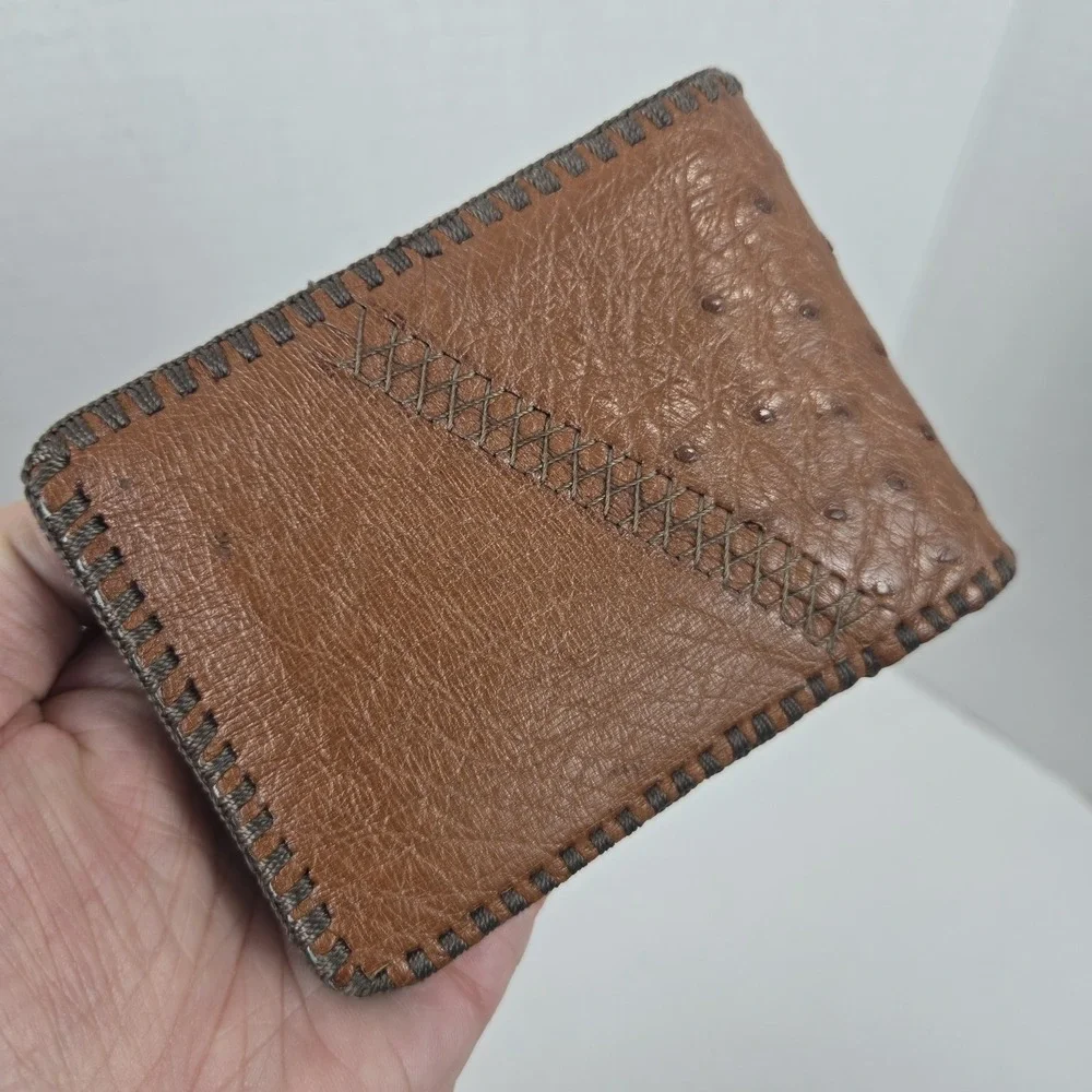 Genuine Full Quill Ostrich Wallet Cognac Brown Leather Bifold Western Mexico NEW